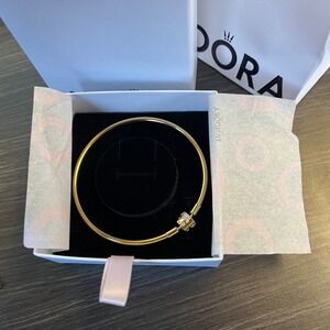 New PANDORA 14k Gold Plated Sparkle Barrel Clasp Bangle 563931C01 8.5in / 21cm